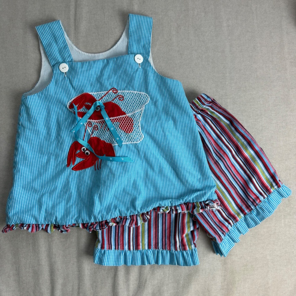 Remember Nguyen Girls Blue Gingham Lobster Shorts Set Size 4 Summer Boutique